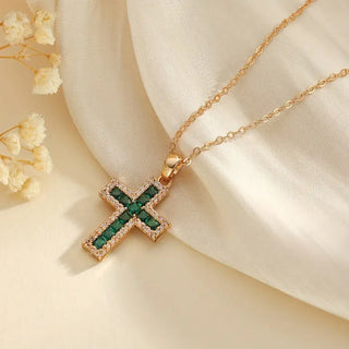 Sharon Emerald Cross Pendant Necklace | Gold