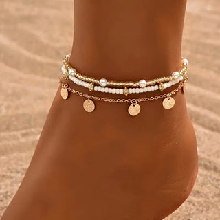 Yara Coastal Charm 3-Piece Layered Anklet Set | Gold