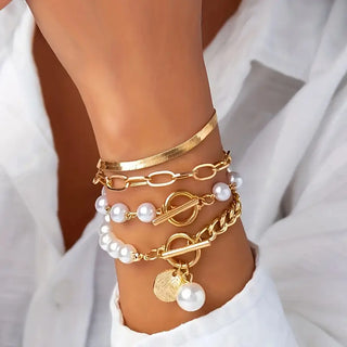 Phoebe Chic Gold 4-Piece Bracelet Set – Snake, Pearls & Links | Gold